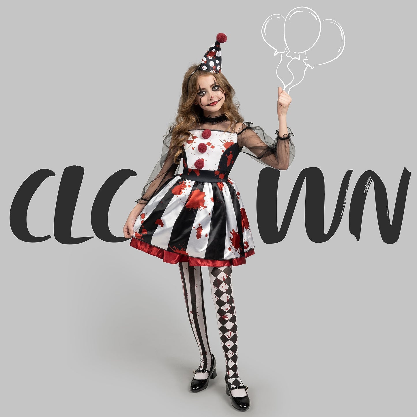 Girls Clown Costume, Halloween Scary Clown Costume, Family Matching Bloody Jester Dress for Girls Halloween Dress Up, Role Play, Cosplay Party