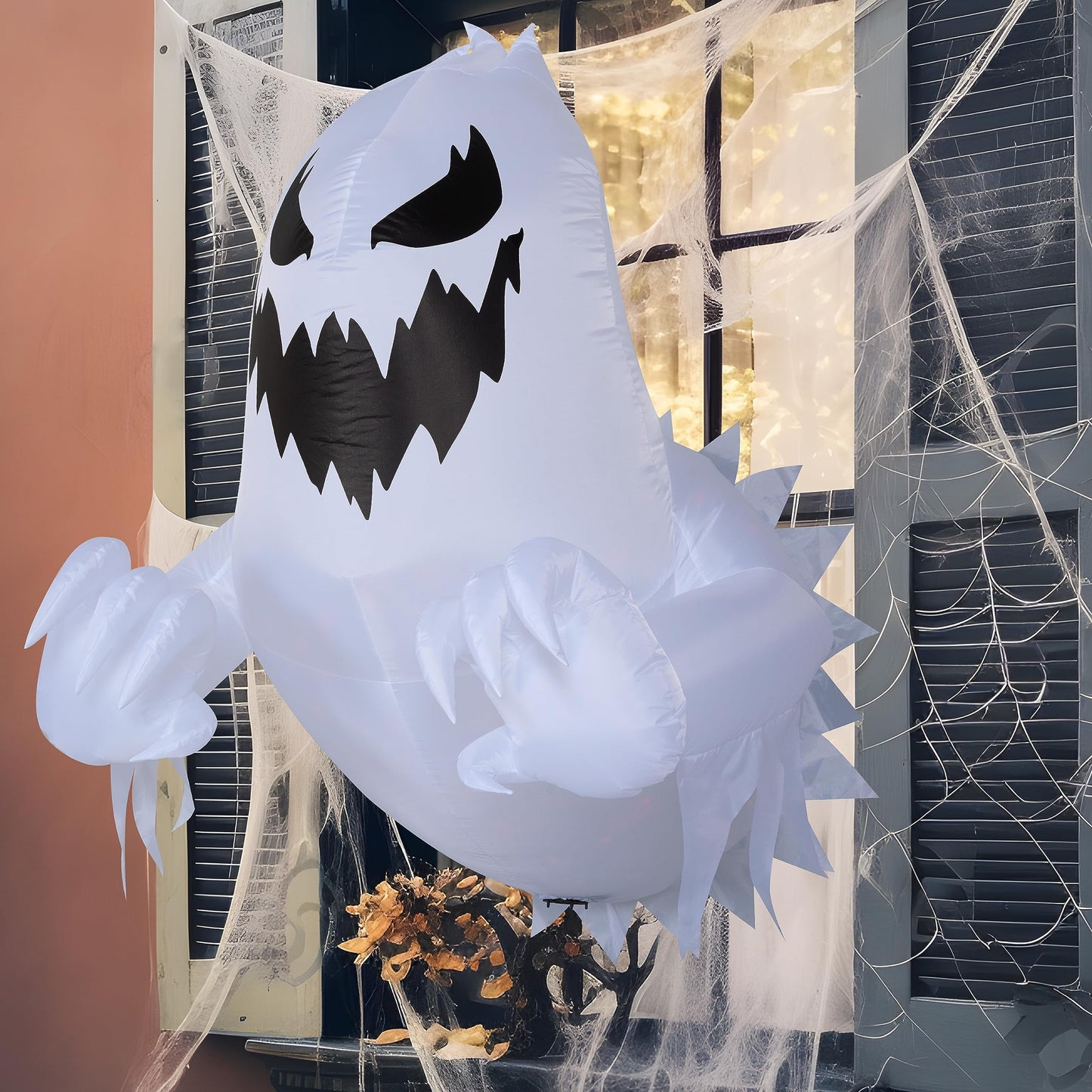 4.5 FT Halloween Inflatable Ghost Broke Out from Window with Built-In Rotating Red LED Blow up Inflatable for Window Decoration Yard Garden Lawn Decor