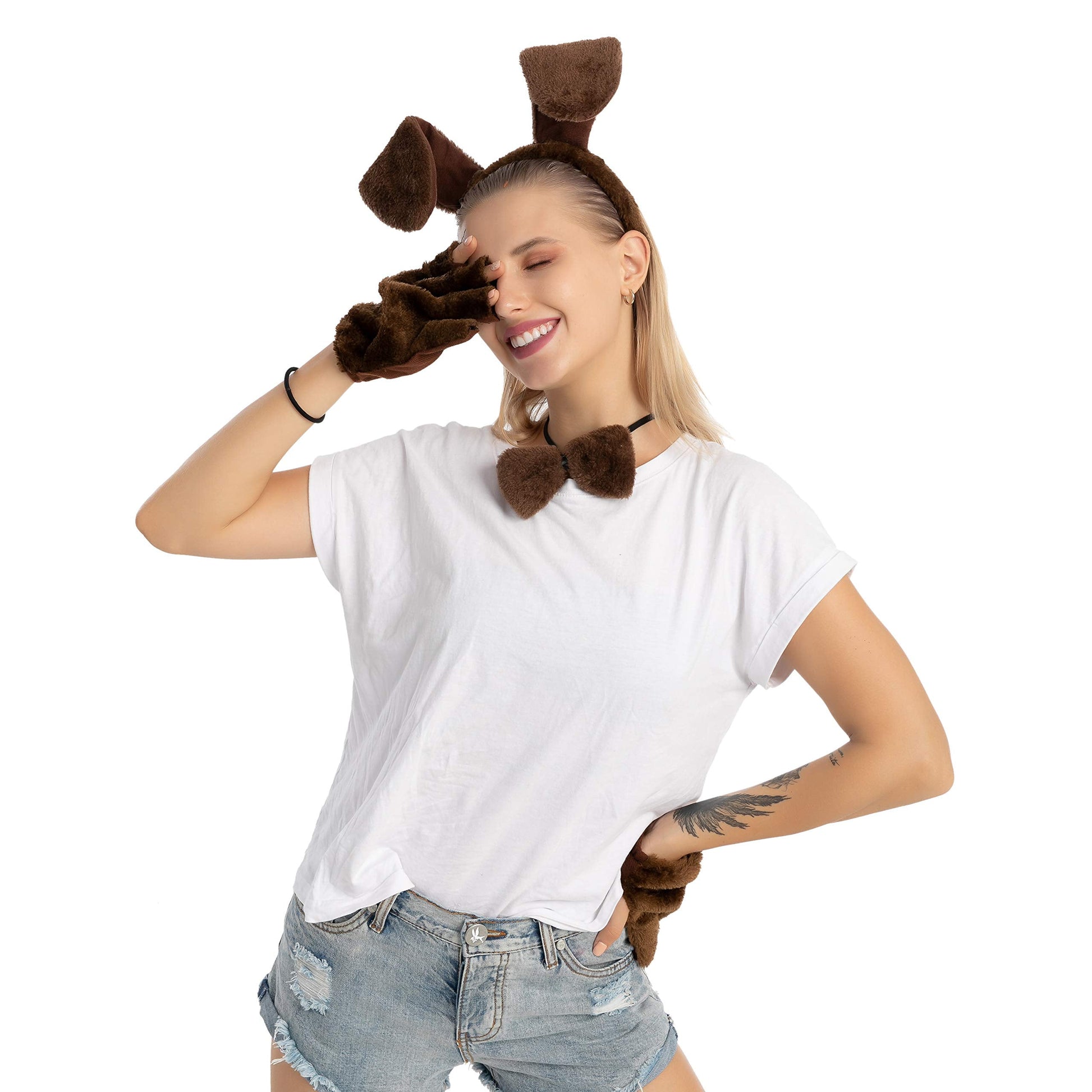 5 Pcs Animal Dog Puppy Costume Accessories Set for Adult & Kids, Halloween Party Dress-Up Accessories Set with Dog Puppy Ears Headband, Bowtie, Gloves and Tail Animal Costume Accessories