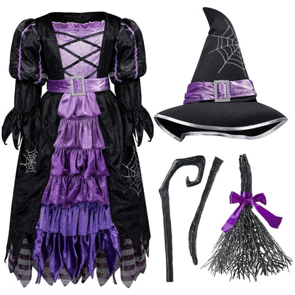 Witch Costume Set for Girls, Halloween Fancy-Dress with Broom Hat for Toddler Kids Halloween Party Dress up 3-14 Years