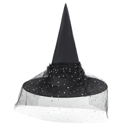 Black Witch Hat with Veil Wide Brim Wizard Hats Foldable Pointed Witches Hats