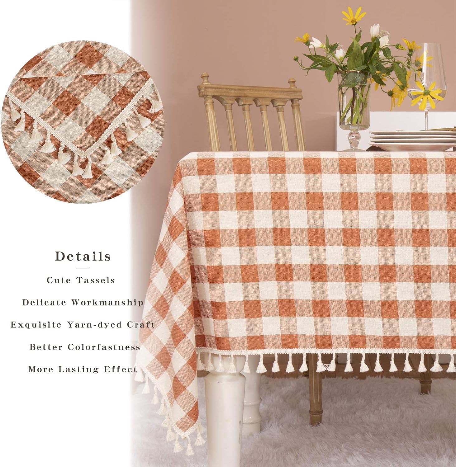 Rustic Plaid Thanksgiving Tablecloth-Country Buffalo Check Cotton Table Cloth for Spring Fall Farmhouse Kitchen Dining Restaurant Decoration(Rectangle/Oblong, 55X70, Orange)