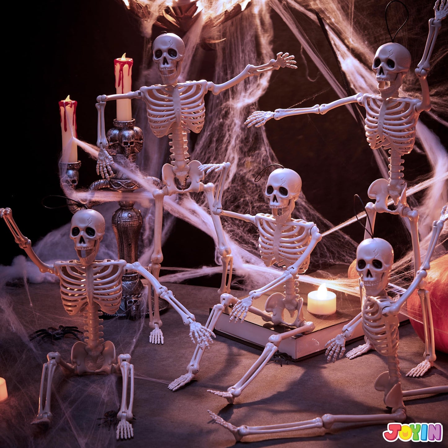 5 Pcs Halloween Skeleton Decorations,16 Inch Full Body Poseable Skeleton with Movable Joints for Halloween Indoor Outdoor Party,Graveyard,Haunted House Accessories,White