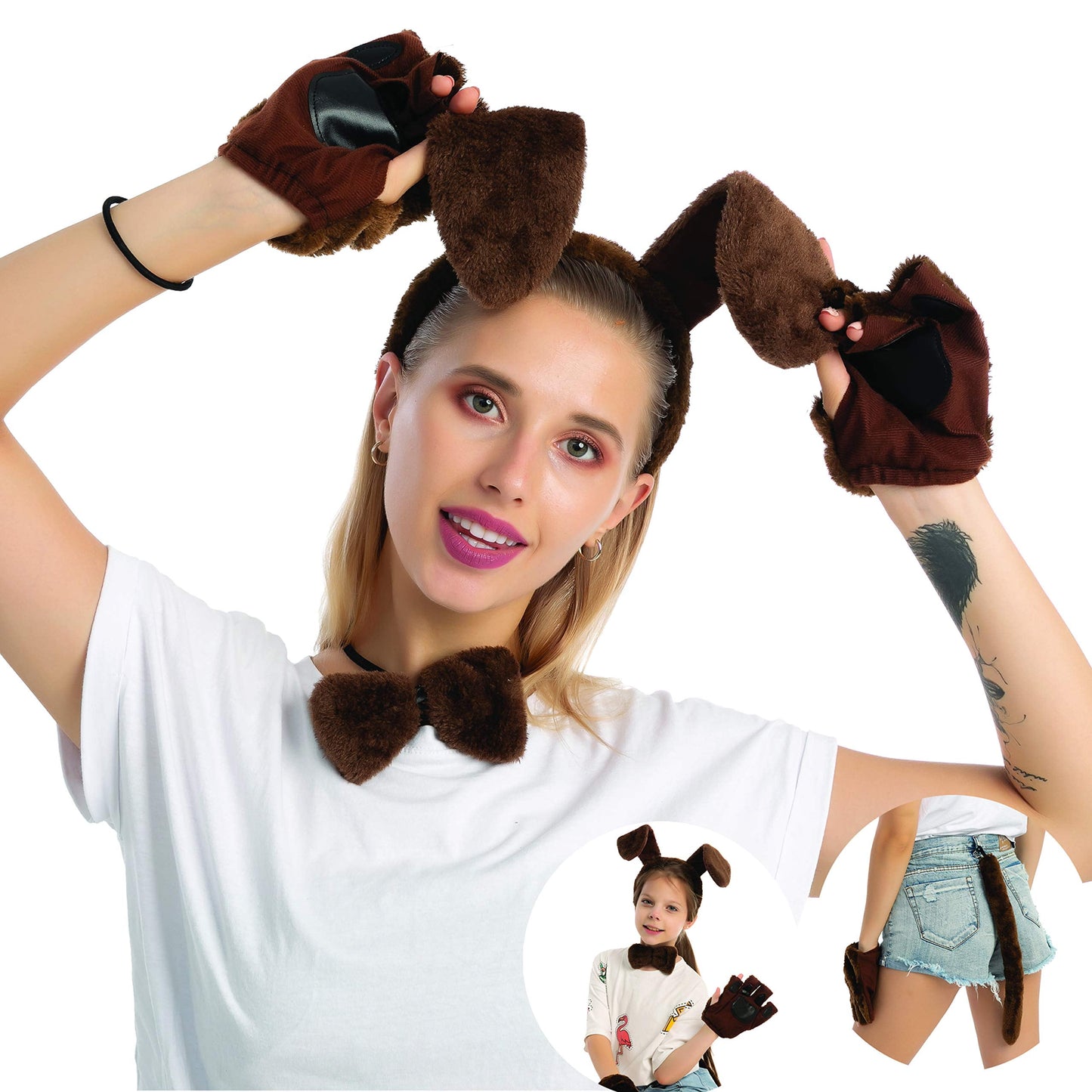 5 Pcs Animal Dog Puppy Costume Accessories Set for Adult & Kids, Halloween Party Dress-Up Accessories Set with Dog Puppy Ears Headband, Bowtie, Gloves and Tail Animal Costume Accessories