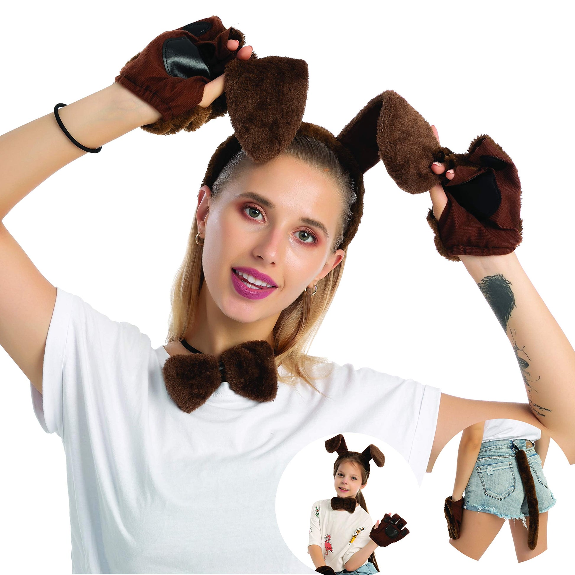 5 Pcs Animal Dog Puppy Costume Accessories Set for Adult & Kids, Halloween Party Dress-Up Accessories Set with Dog Puppy Ears Headband, Bowtie, Gloves and Tail Animal Costume Accessories