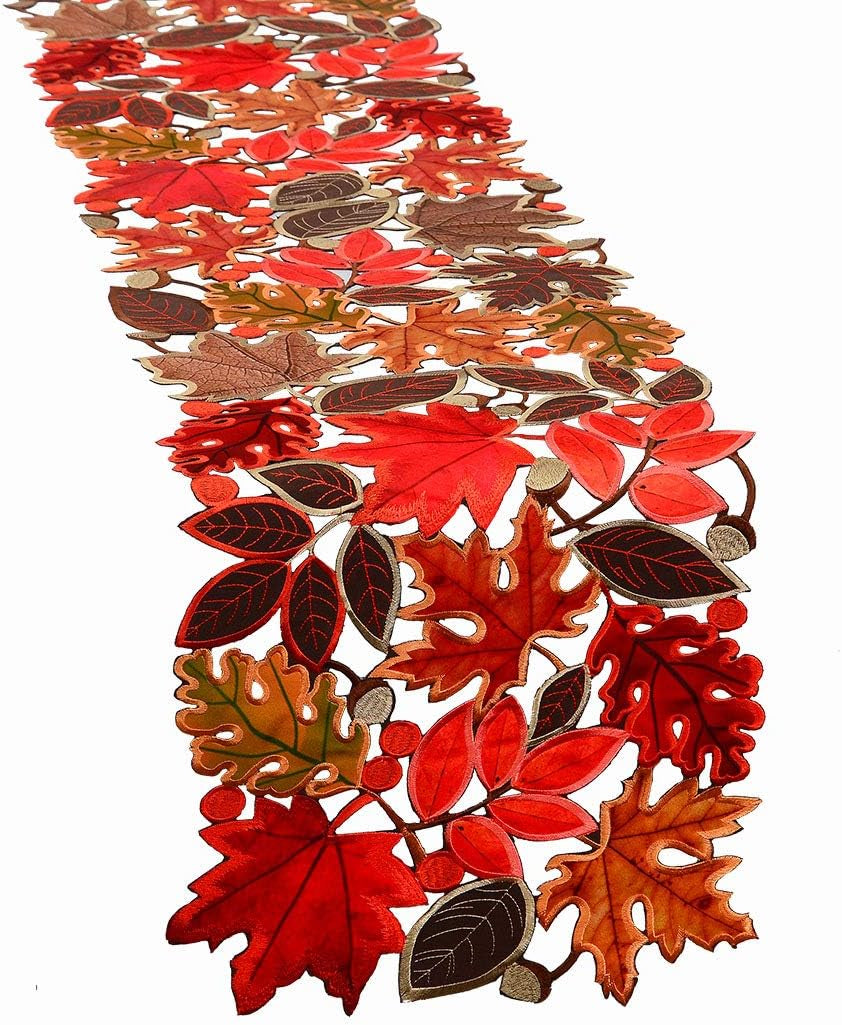 Embroidered Leaves Table Runner for Thanksgiving, Fall or Autumn Harvest Decorations, Dresser Scarf (14 × 53 Inches)