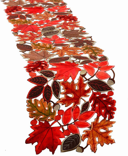 Embroidered Leaves Table Runner for Thanksgiving, Fall or Autumn Harvest Decorations, Dresser Scarf (14 × 53 Inches)