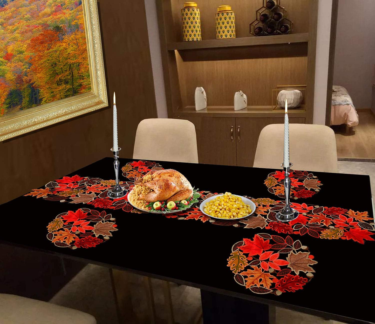 Embroidered Leaves Table Runner for Thanksgiving, Fall or Autumn Harvest Decorations, Dresser Scarf (14 × 53 Inches)