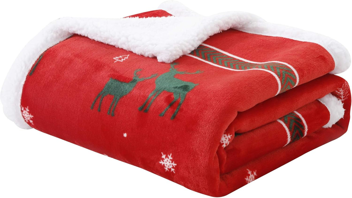 Christmas Holiday Sherpa Fleece Throw Blanket, Fuzzy Warm Super Soft Reversible Plush Blanket for Bed, Sofa and Couch, 50 X 60 Inches, Red