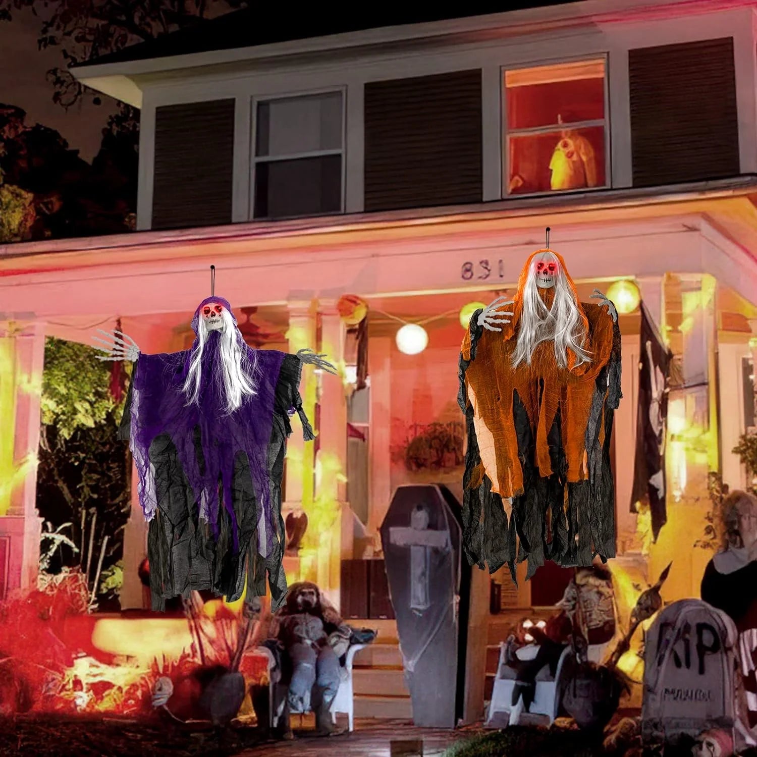 Scary Halloween Decorations Outdoor Hanging - 41" Halloween Hanging Ghost Skeleton with Glowing Eyes for Halloween Porch Yard Garden Tree outside Decorations, 2 Pack