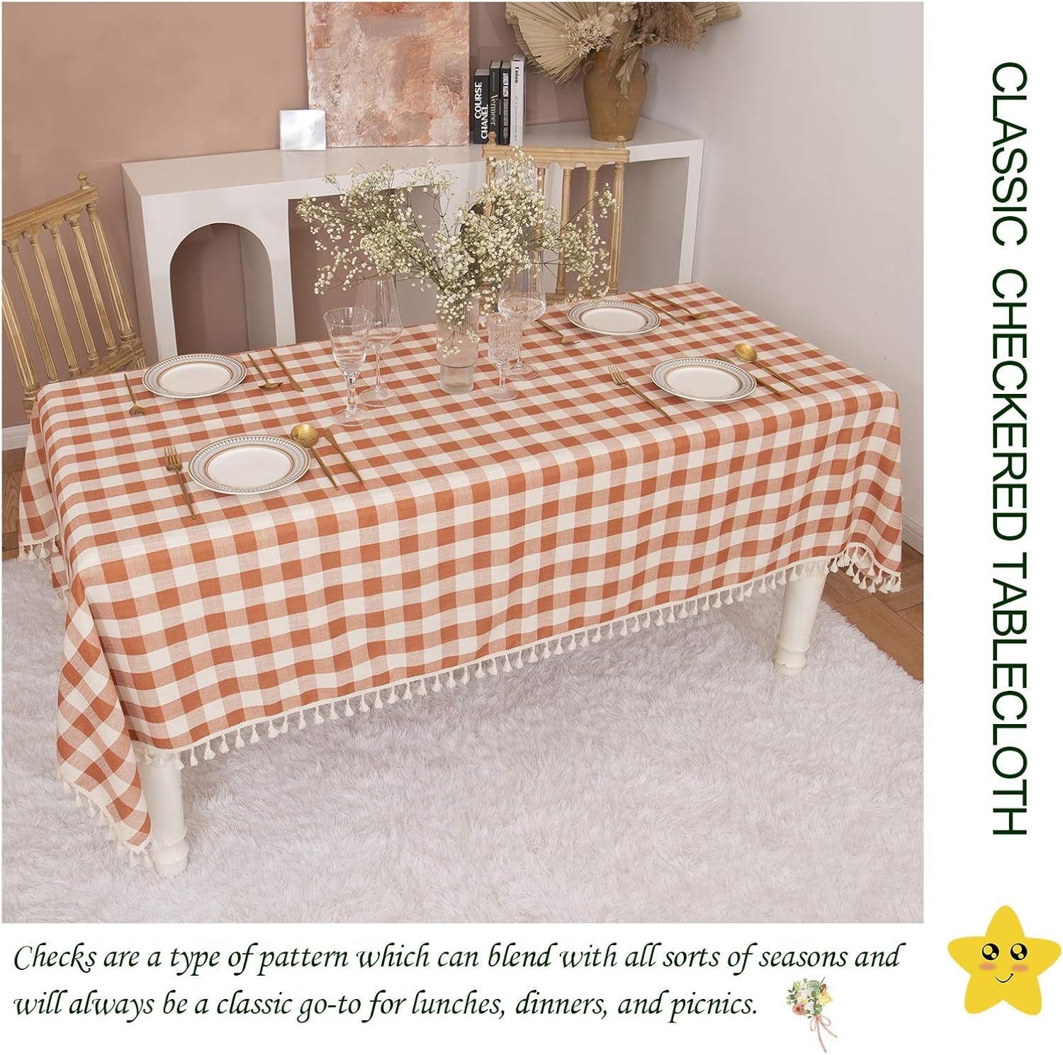 Rustic Plaid Thanksgiving Tablecloth-Country Buffalo Check Cotton Table Cloth for Spring Fall Farmhouse Kitchen Dining Restaurant Decoration(Rectangle/Oblong, 55X70, Orange)