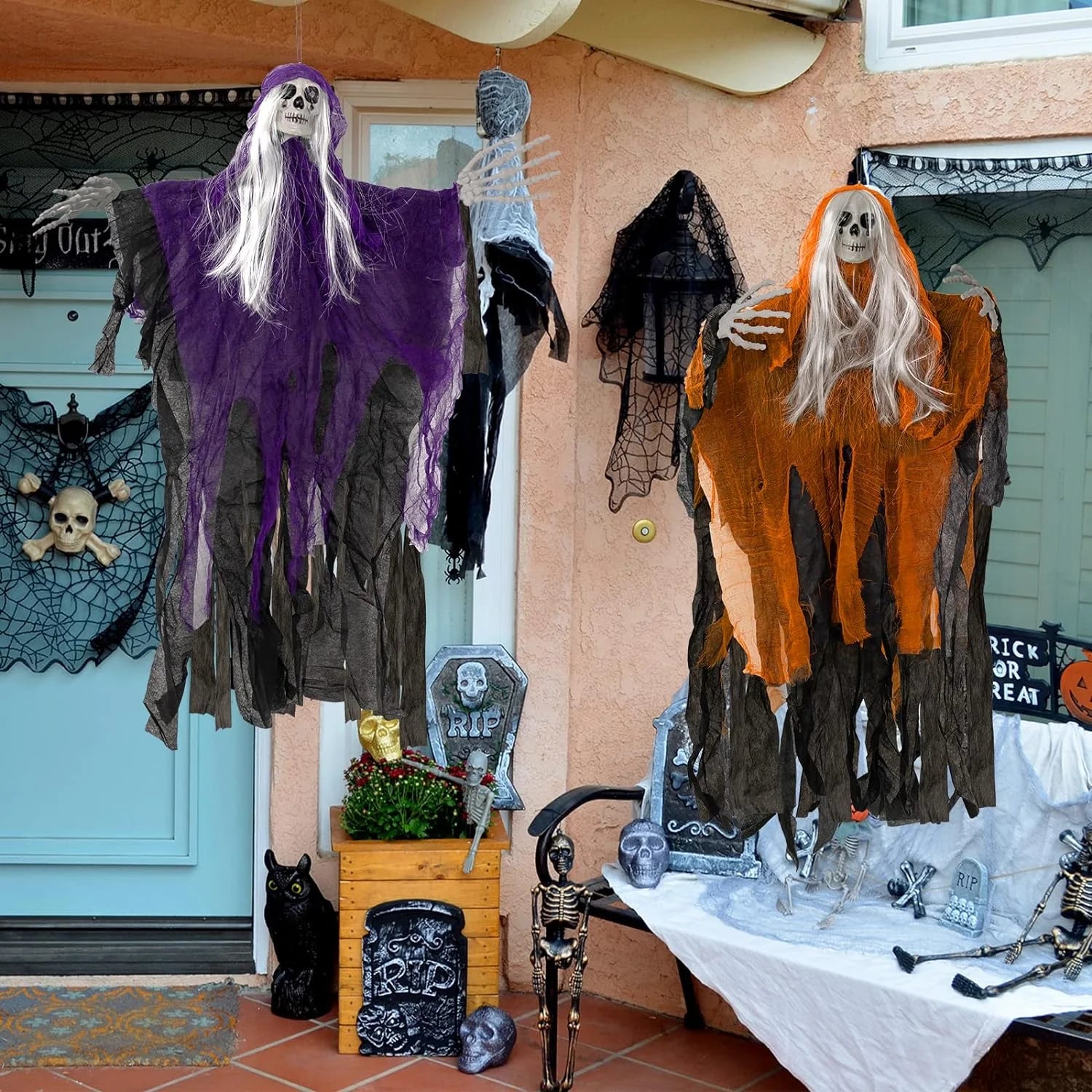 Scary Halloween Decorations Outdoor Hanging - 41" Halloween Hanging Ghost Skeleton with Glowing Eyes for Halloween Porch Yard Garden Tree outside Decorations, 2 Pack