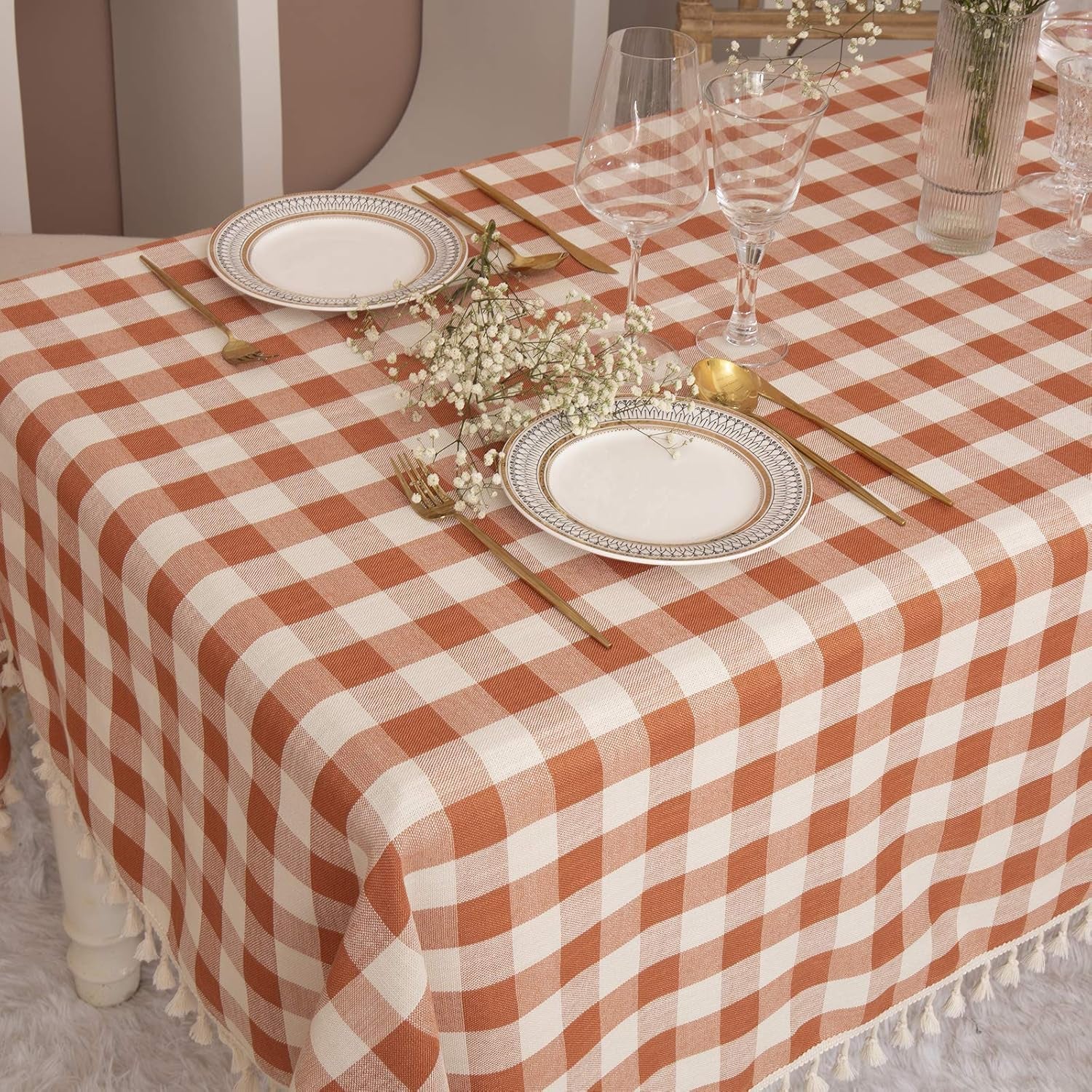 Rustic Plaid Thanksgiving Tablecloth-Country Buffalo Check Cotton Table Cloth for Spring Fall Farmhouse Kitchen Dining Restaurant Decoration(Rectangle/Oblong, 55X70, Orange)
