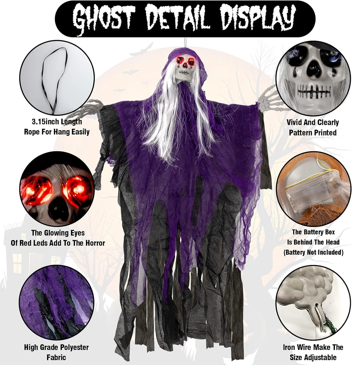 Scary Halloween Decorations Outdoor Hanging - 41" Halloween Hanging Ghost Skeleton with Glowing Eyes for Halloween Porch Yard Garden Tree outside Decorations, 2 Pack