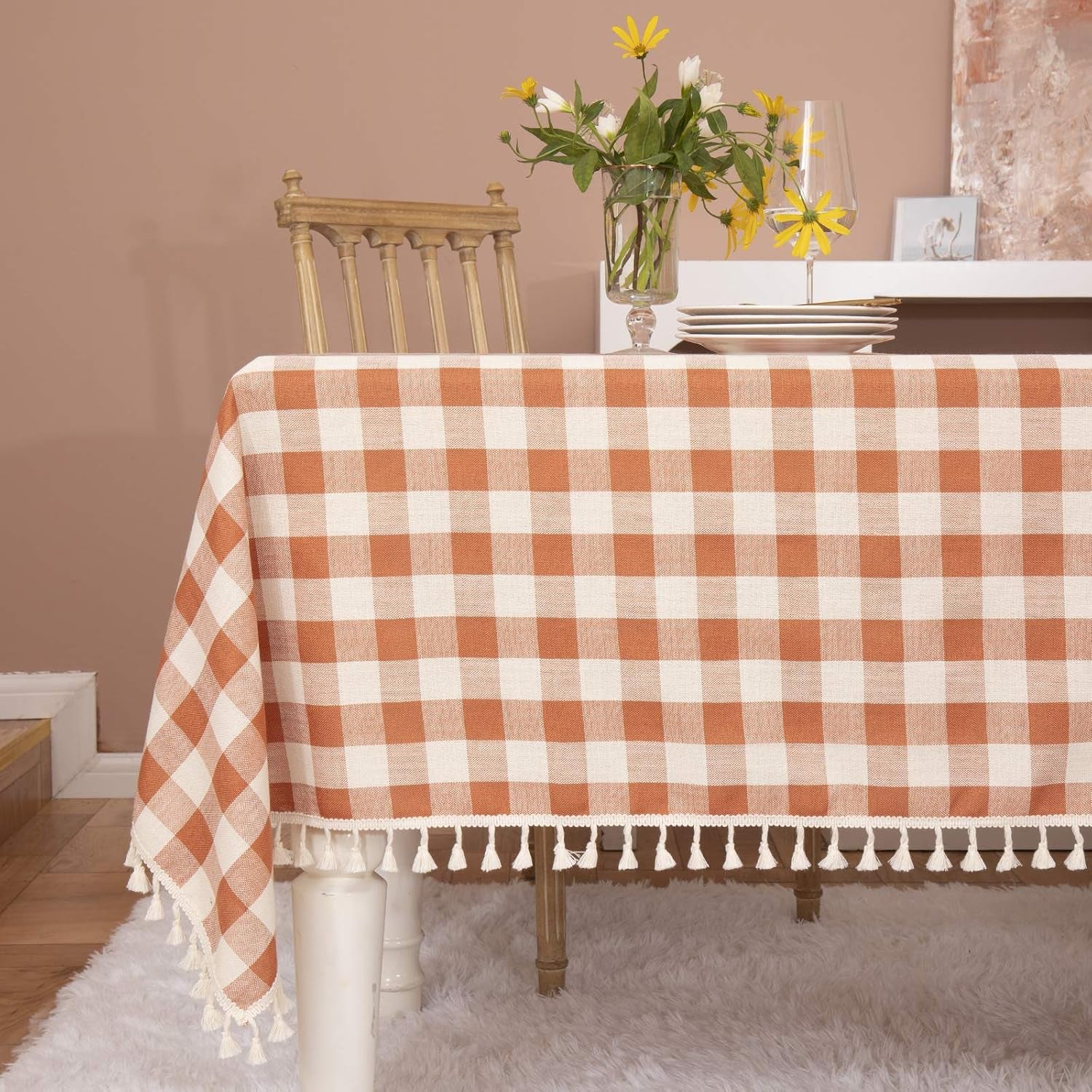Rustic Plaid Thanksgiving Tablecloth-Country Buffalo Check Cotton Table Cloth for Spring Fall Farmhouse Kitchen Dining Restaurant Decoration(Rectangle/Oblong, 55X70, Orange)