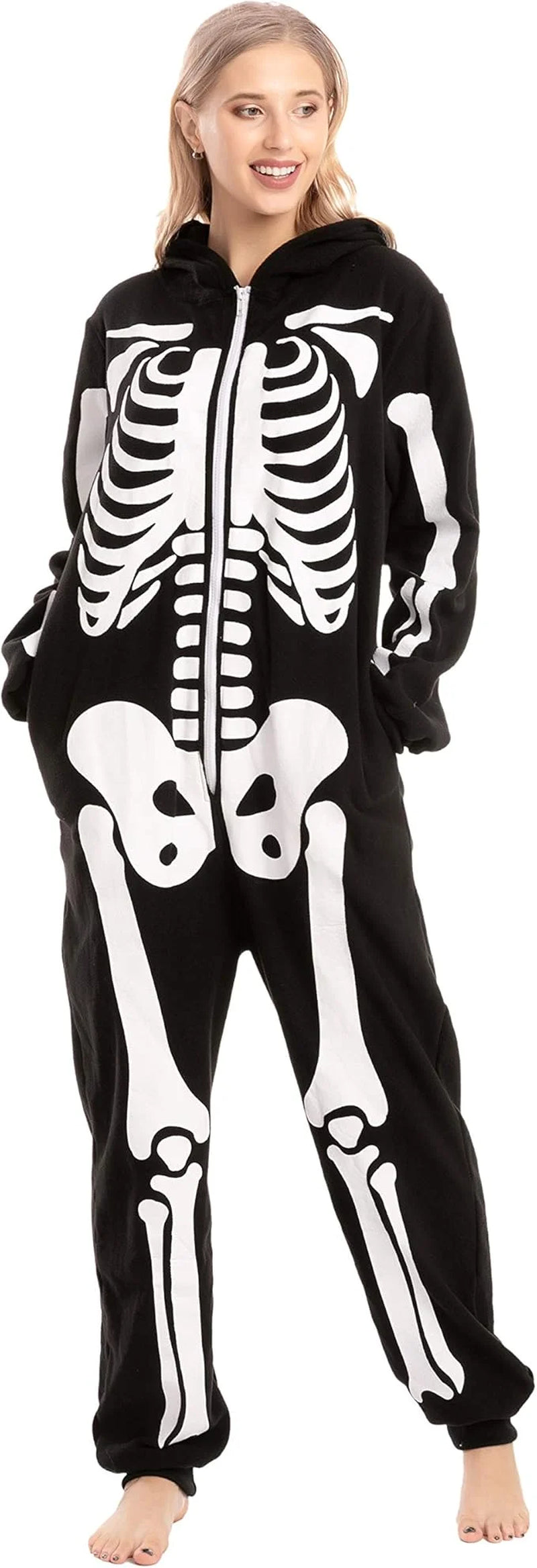 Unisex Adult Skeleton Jumpsuit Pajama Zippered Halloween Hoody Sleepwear Costume Black