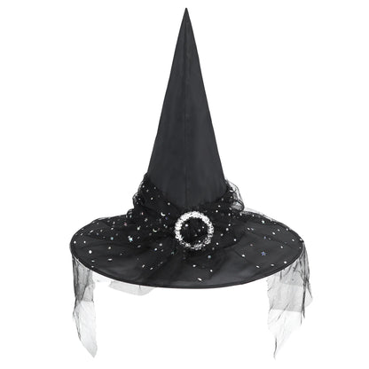 Black Witch Hat with Veil Wide Brim Wizard Hats Foldable Pointed Witches Hats