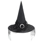 Black Witch Hat with Veil Wide Brim Wizard Hats Foldable Pointed Witches Hats