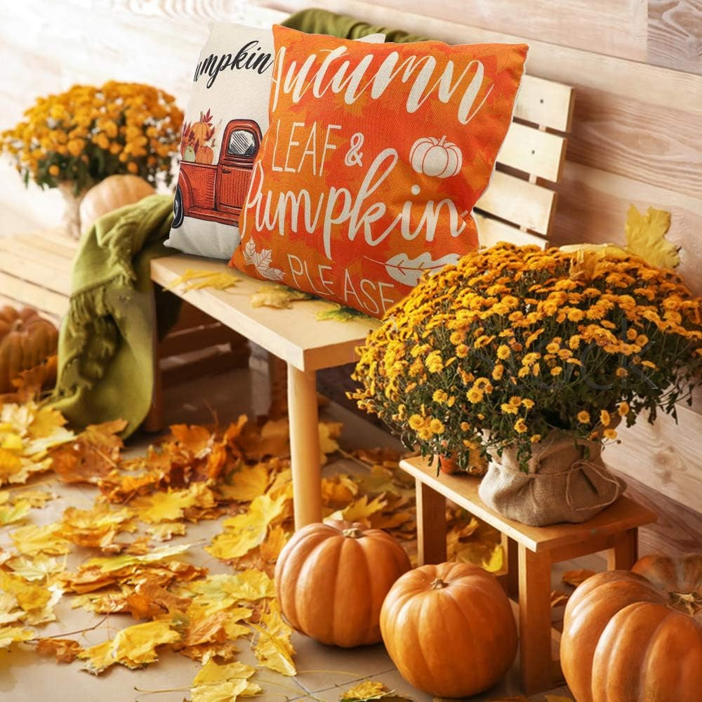 Fall Pillow Covers 18X18 Set of 4 Fall Decor Pumpkin and Maple Throw Pillows Fall Decorations Farmhouse Holiday Rustic Linen Pillow Case Thanksgiving Decor Autumn Cushion Case for Sofa Couch
