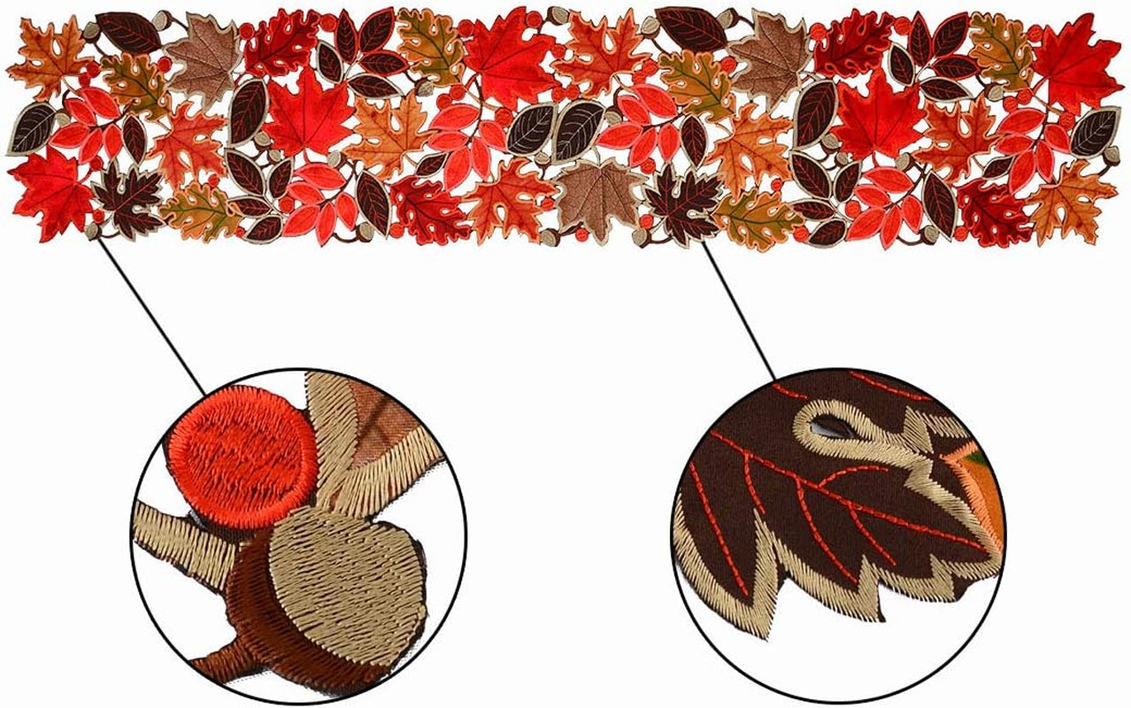 Embroidered Leaves Table Runner for Thanksgiving, Fall or Autumn Harvest Decorations, Dresser Scarf (14 × 53 Inches)
