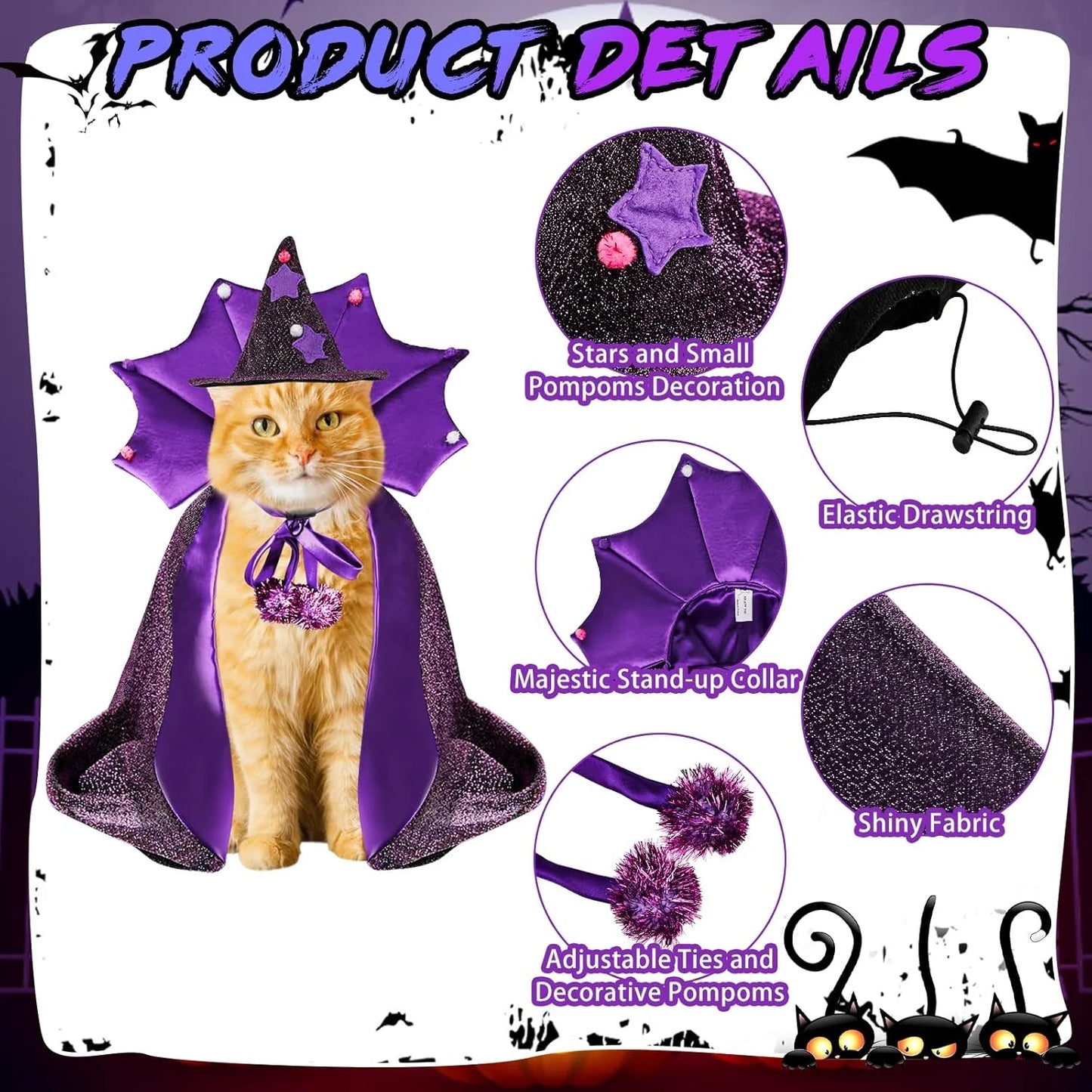 Pet Halloween Costumes-Wizard Cat Clothes Cloak and Hat, Dog Cosplay Wizard Hat Cape Suit, Halloween Party Clothes Outfit for Cats & Small Medium Dogs