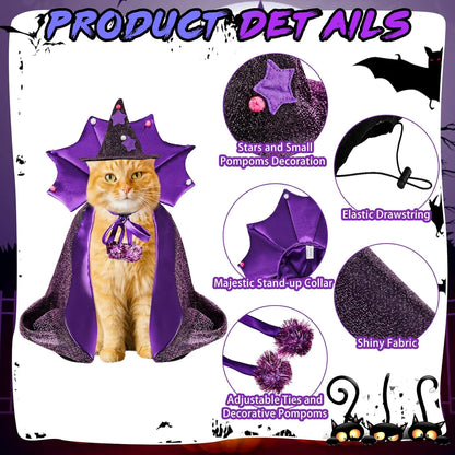 Pet Halloween Costumes-Wizard Cat Clothes Cloak and Hat, Dog Cosplay Wizard Hat Cape Suit, Halloween Party Clothes Outfit for Cats & Small Medium Dogs