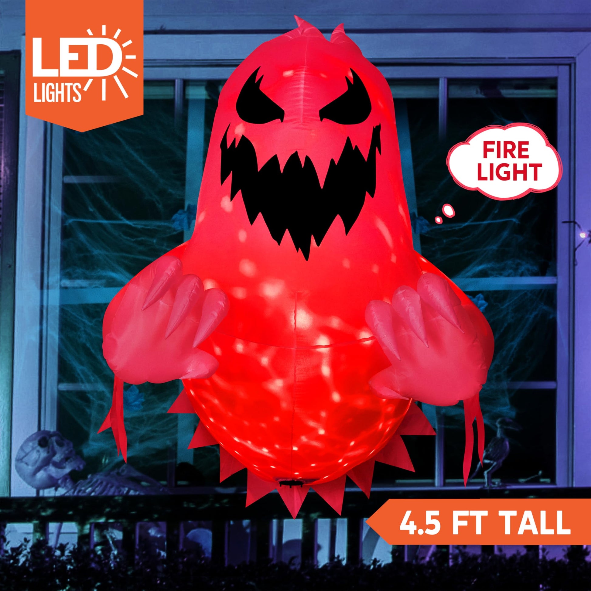 4.5 FT Halloween Inflatable Ghost Broke Out from Window with Built-In Rotating Red LED Blow up Inflatable for Window Decoration Yard Garden Lawn Decor