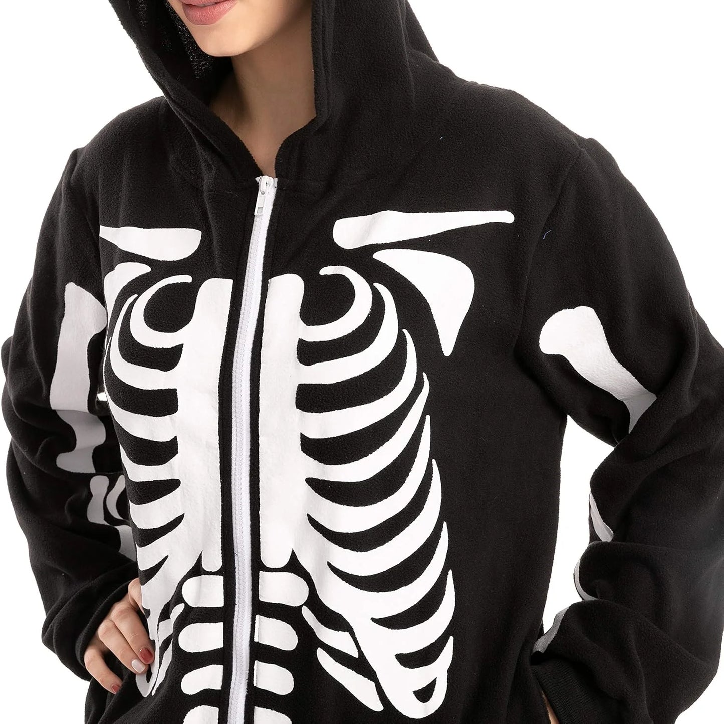 Unisex Adult Skeleton Jumpsuit Pajama Zippered Halloween Hoody Sleepwear Costume Black