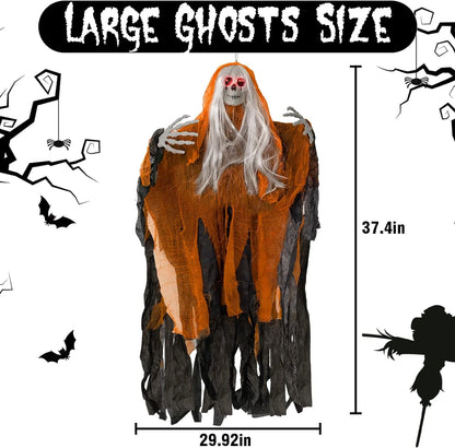 Scary Halloween Decorations Outdoor Hanging - 41" Halloween Hanging Ghost Skeleton with Glowing Eyes for Halloween Porch Yard Garden Tree outside Decorations, 2 Pack