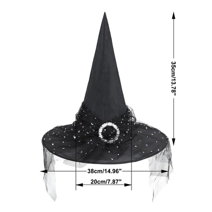 Black Witch Hat with Veil Wide Brim Wizard Hats Foldable Pointed Witches Hats