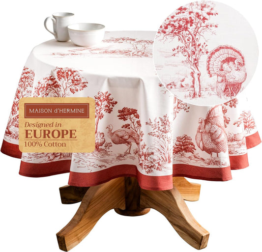Table Cloth round Table 100% Cotton 63 Inches Tablecloth Reusable Decorative Everyday Use for Dining Room, Farmhouse, Home, Party, Festive & Wedding - Holy Jouy - Red