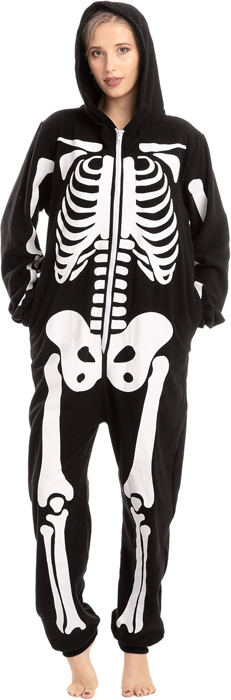 Unisex Adult Skeleton Jumpsuit Pajama Zippered Halloween Hoody Sleepwear Costume Black
