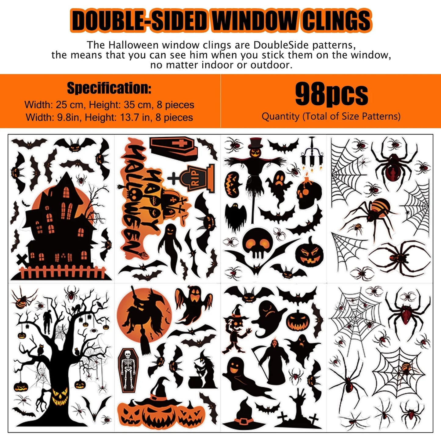Halloween Window Clings for Spooky Halloween Window Decorations, Halloween Window Stickers with Pumpkin, Spider, and Bat Designs