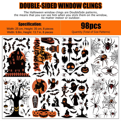 Halloween Window Clings for Spooky Halloween Window Decorations, Halloween Window Stickers with Pumpkin, Spider, and Bat Designs