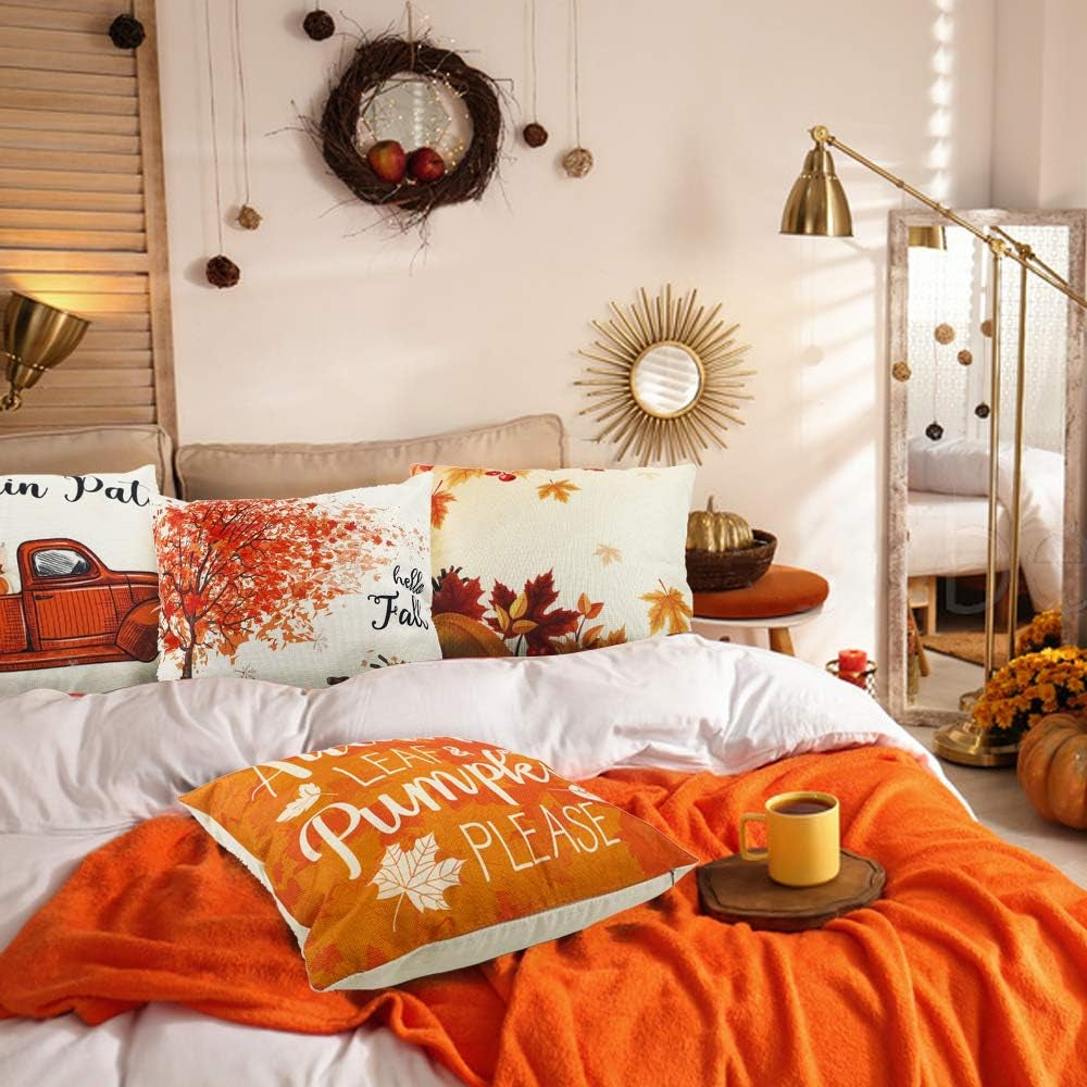 Fall Pillow Covers 18X18 Set of 4 Fall Decor Pumpkin and Maple Throw Pillows Fall Decorations Farmhouse Holiday Rustic Linen Pillow Case Thanksgiving Decor Autumn Cushion Case for Sofa Couch