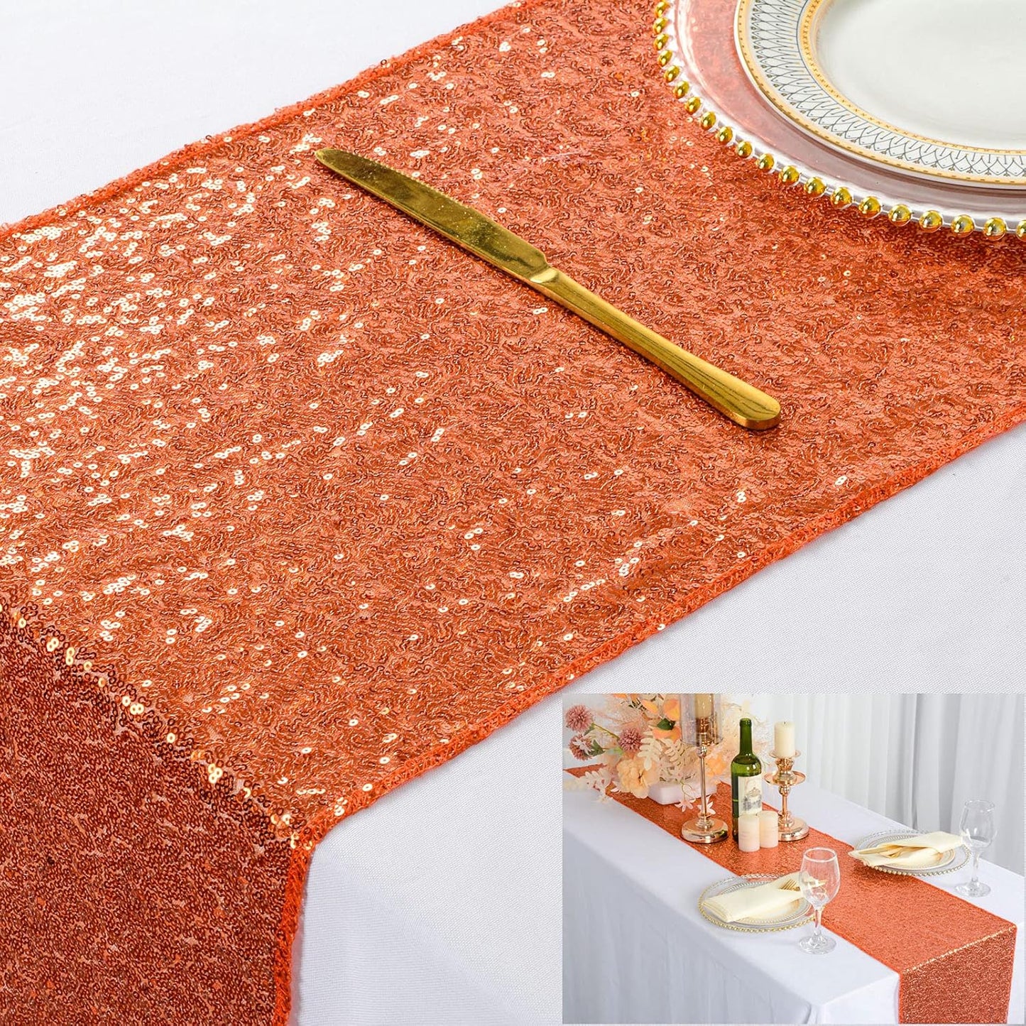 13''X108'' Orange Sequin Table Runner | Glitz Table Linen for Thanksgiving & Holidays | Burnt Orange Party Decoration | Elegant Dining Table Runners | Perfect for Events