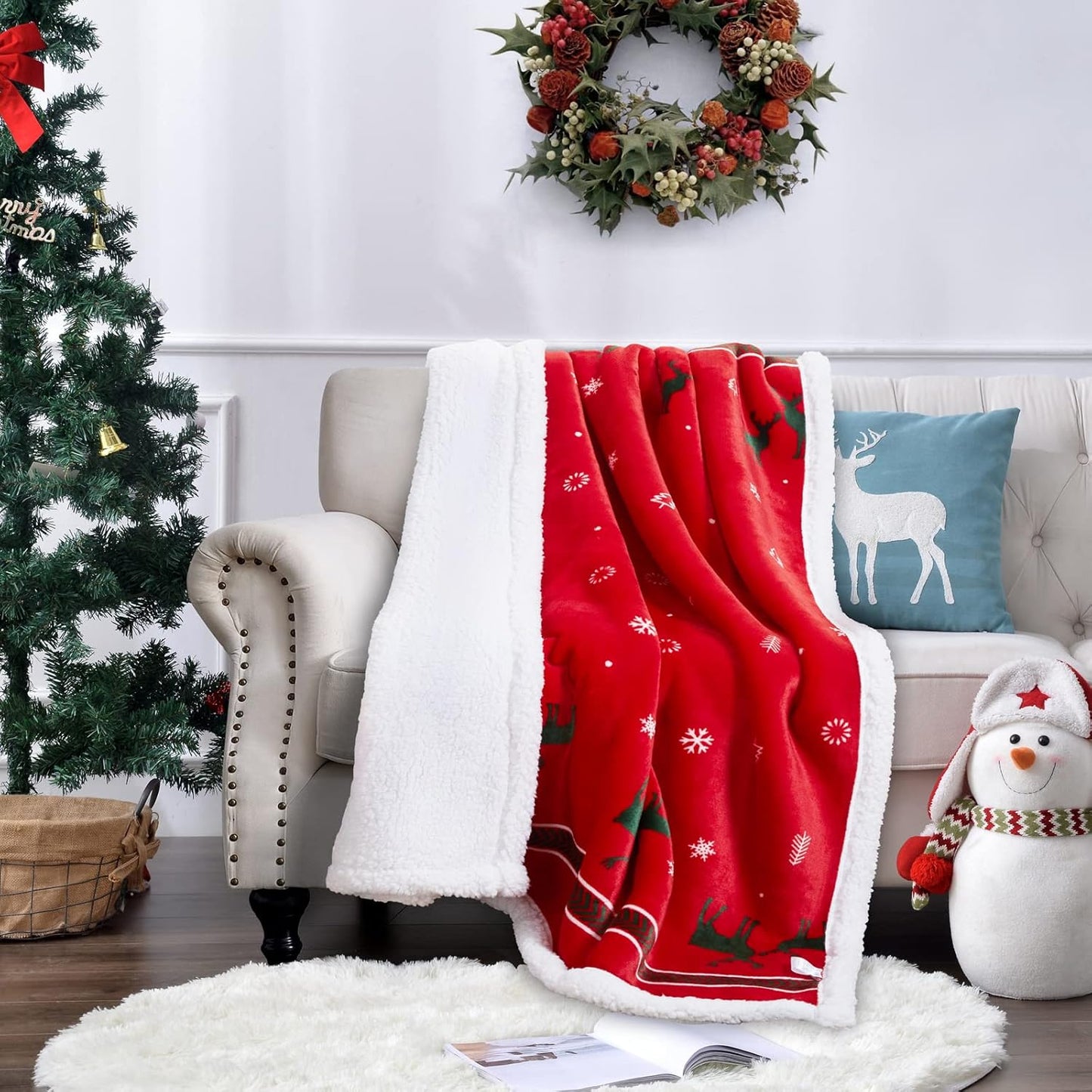 Christmas Holiday Sherpa Fleece Throw Blanket, Fuzzy Warm Super Soft Reversible Plush Blanket for Bed, Sofa and Couch, 50 X 60 Inches, Red