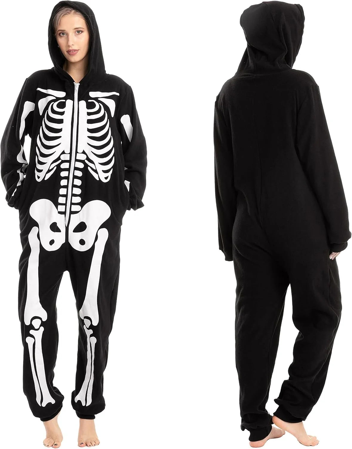 Unisex Adult Skeleton Jumpsuit Pajama Zippered Halloween Hoody Sleepwear Costume Black