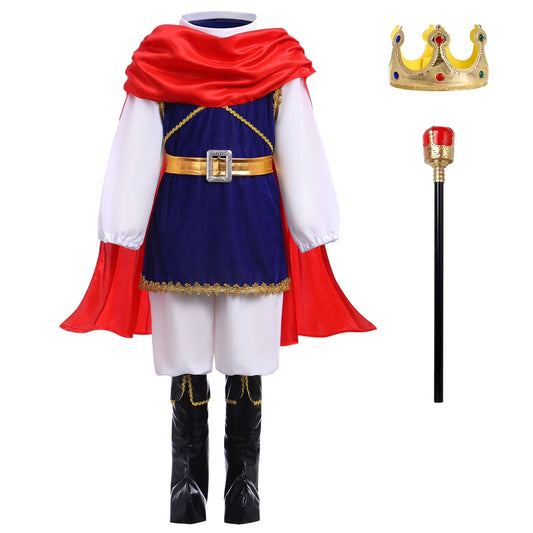 Toddler Kids Boys Prince Charming Costume Halloween Cosplay Prince Dress up Birthday Royal Prince Outfits for Child 11-12 Years Blue + Red