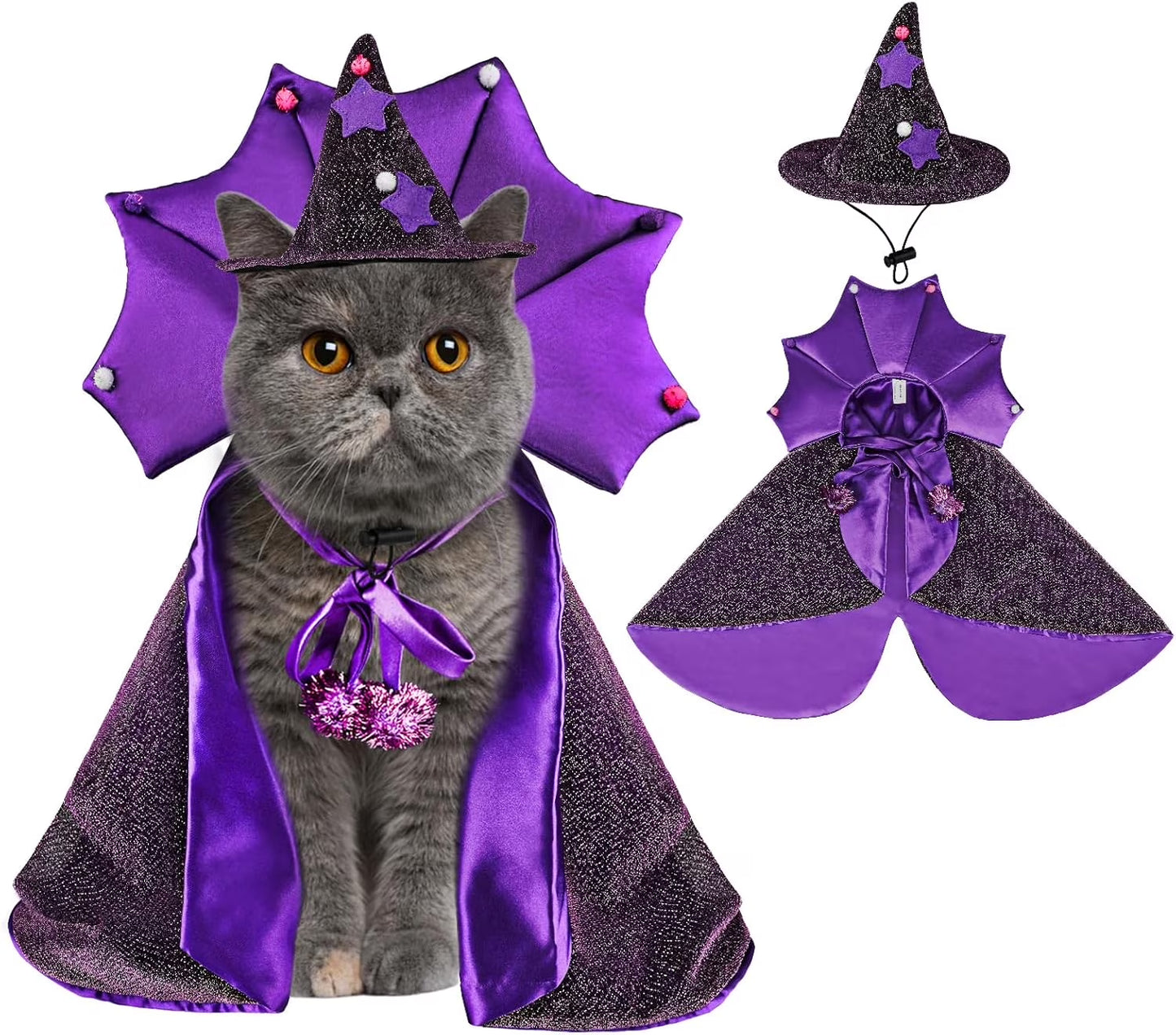 Pet Halloween Costumes-Wizard Cat Clothes Cloak and Hat, Dog Cosplay Wizard Hat Cape Suit, Halloween Party Clothes Outfit for Cats & Small Medium Dogs