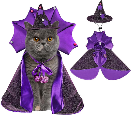 Pet Halloween Costumes-Wizard Cat Clothes Cloak and Hat, Dog Cosplay Wizard Hat Cape Suit, Halloween Party Clothes Outfit for Cats & Small Medium Dogs
