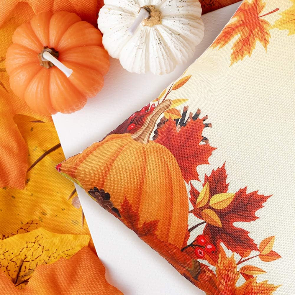 Fall Pillow Covers 18X18 Set of 4 Fall Decor Pumpkin and Maple Throw Pillows Fall Decorations Farmhouse Holiday Rustic Linen Pillow Case Thanksgiving Decor Autumn Cushion Case for Sofa Couch