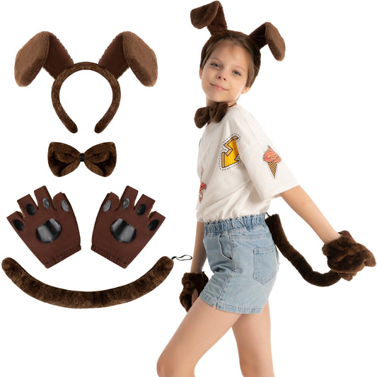 5 Pcs Animal Dog Puppy Costume Accessories Set for Adult & Kids, Halloween Party Dress-Up Accessories Set with Dog Puppy Ears Headband, Bowtie, Gloves and Tail Animal Costume Accessories