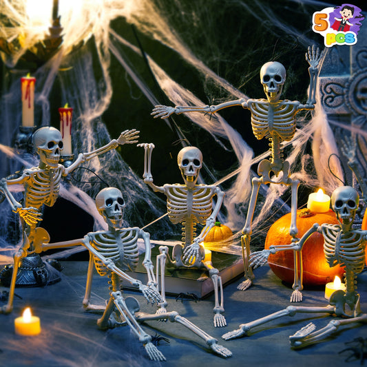5 Pcs Halloween Skeleton Decorations,16 Inch Full Body Poseable Skeleton with Movable Joints for Halloween Indoor Outdoor Party,Graveyard,Haunted House Accessories,White