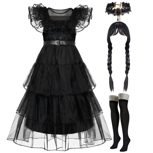 Halloween Costume Set for Girls, Dark Vintage Prom Dress for Kids, Black Gothic Dress Costume for Halloween Cosplay Parties 5-12 Years