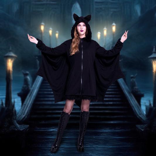 Womens Black Bat Zip Hoodie Halloween Costumes for Adults, Bat Halloween Costume Cosplay