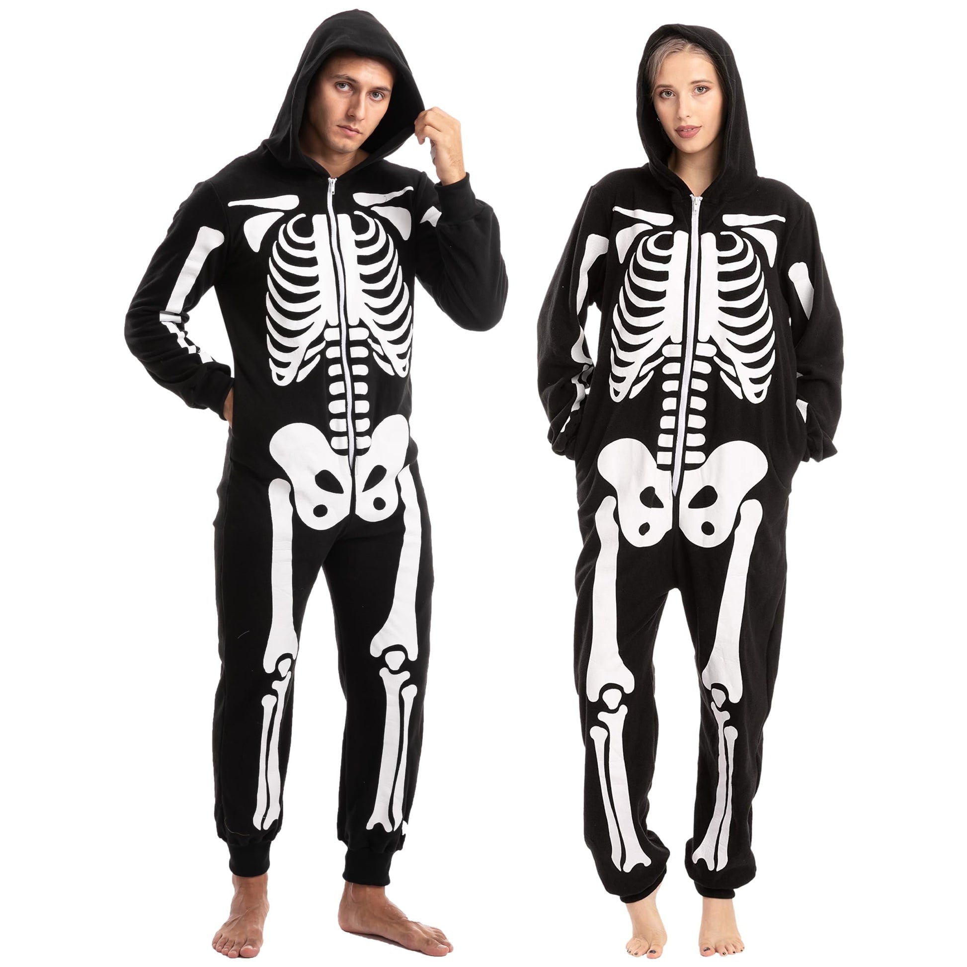 Unisex Adult Skeleton Jumpsuit Pajama Zippered Halloween Hoody Sleepwear Costume Black