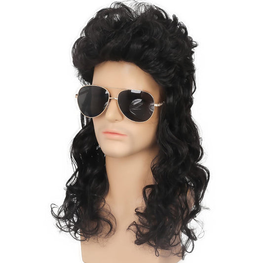Mullet Wig Mens Black Long Curly Wigs Hair 70S 80S Male Wig Halloween Costumes Punk Rocker Wigs
