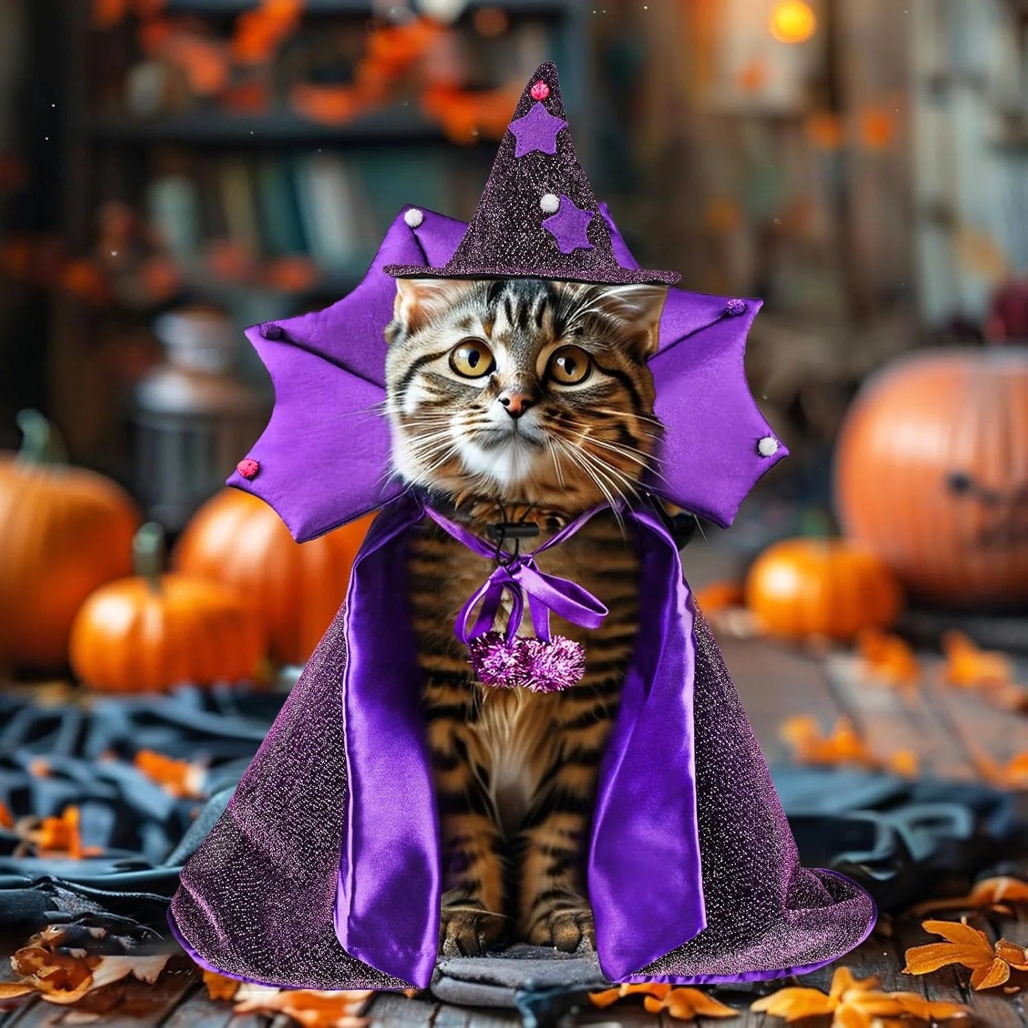 Pet Halloween Costumes-Wizard Cat Clothes Cloak and Hat, Dog Cosplay Wizard Hat Cape Suit, Halloween Party Clothes Outfit for Cats & Small Medium Dogs