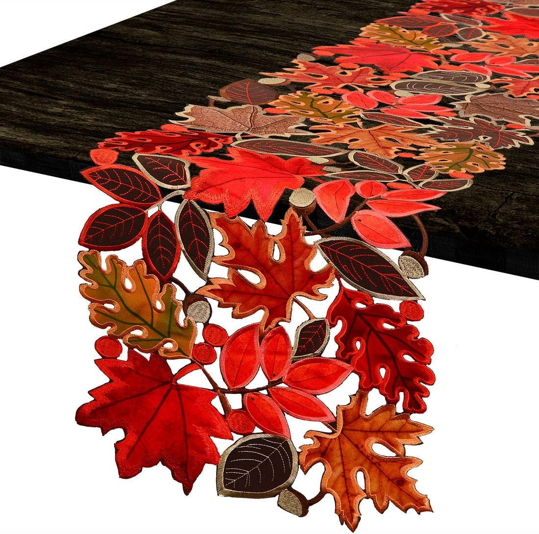 Embroidered Leaves Table Runner for Thanksgiving, Fall or Autumn Harvest Decorations, Dresser Scarf (14 × 53 Inches)